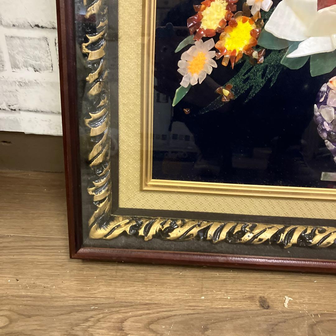 【極美品】天然石 宝石画 ストーンアート 花瓶の花 額装 立体 縁起物 華やか