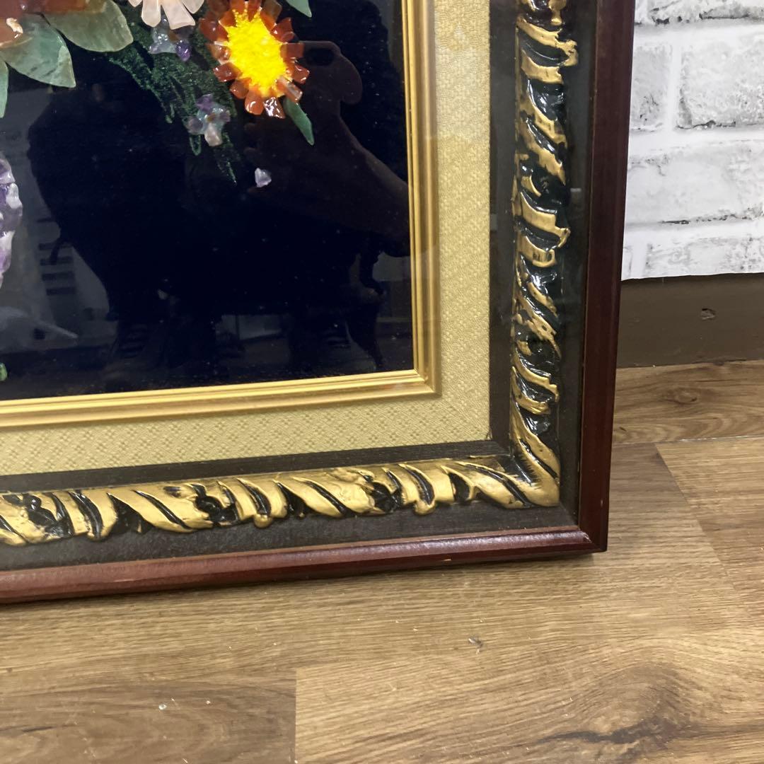 【極美品】天然石 宝石画 ストーンアート 花瓶の花 額装 立体 縁起物 華やか