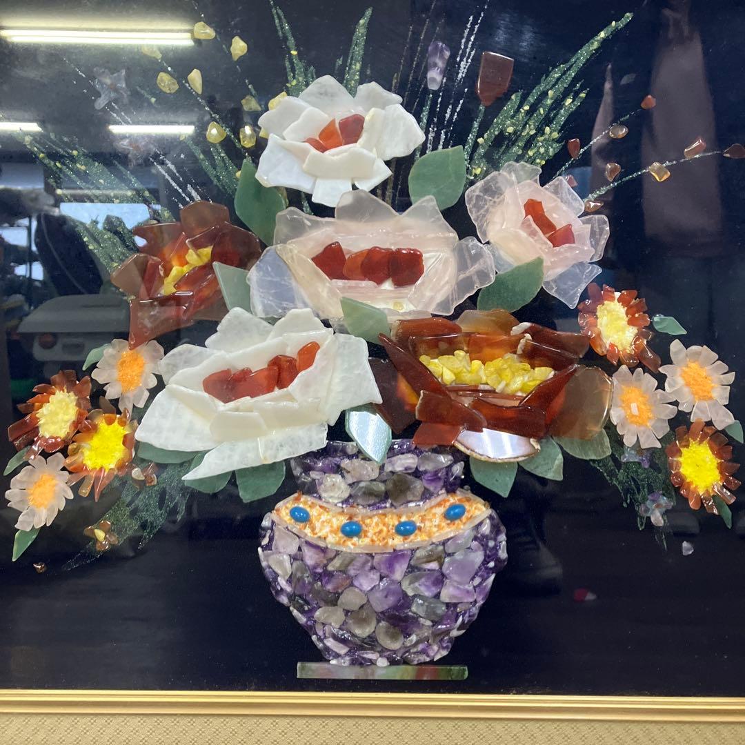 【極美品】天然石 宝石画 ストーンアート 花瓶の花 額装 立体 縁起物 華やか