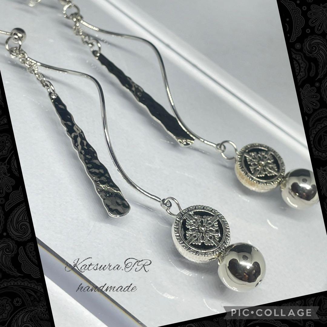 No.1159 チベット風なシルバーロングピアス　チェーンピアス