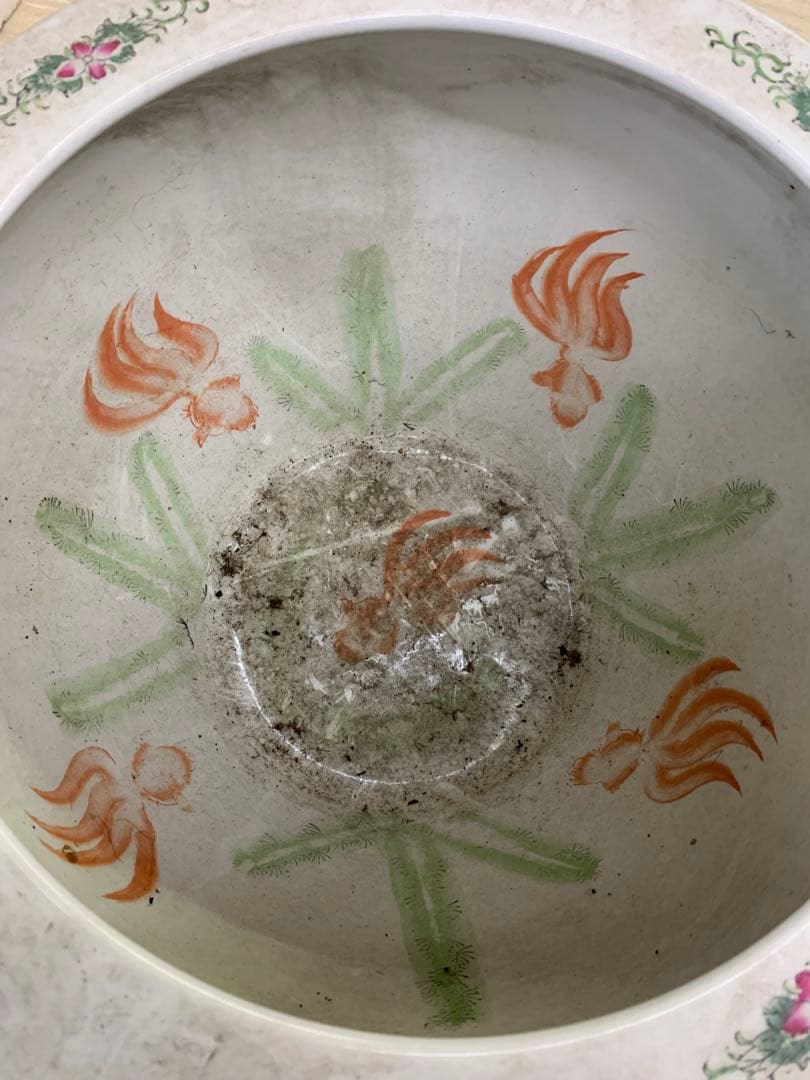 大きめの陶器製水鉢 花と鳥の絵柄