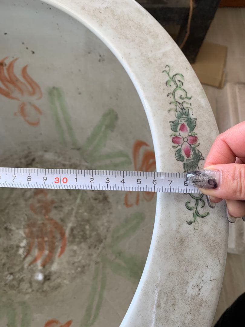 大きめの陶器製水鉢 花と鳥の絵柄