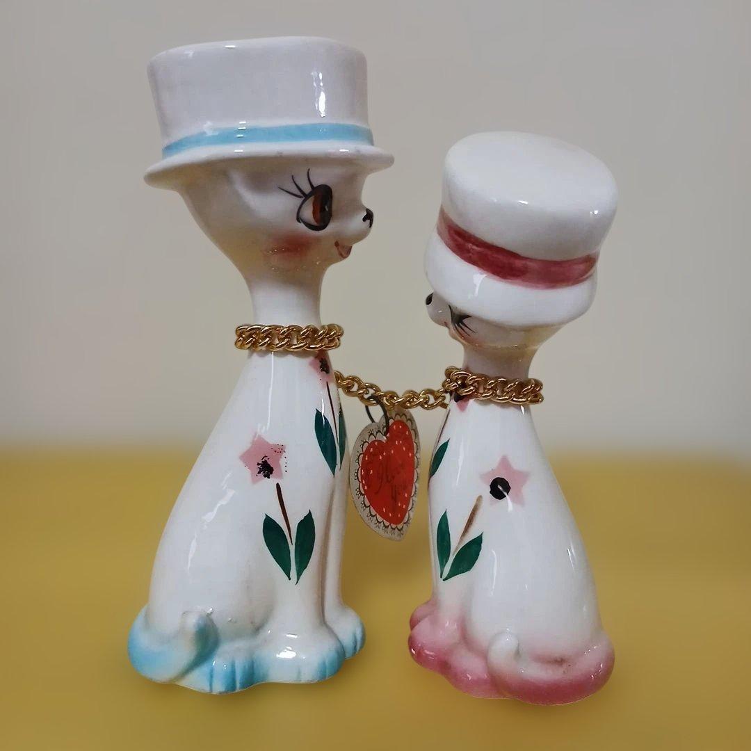 昭和レトロ　猫のカップル　陶器　置物