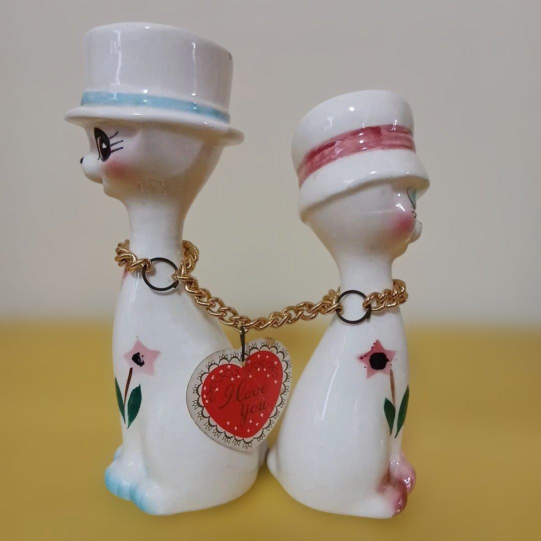 昭和レトロ　猫のカップル　陶器　置物