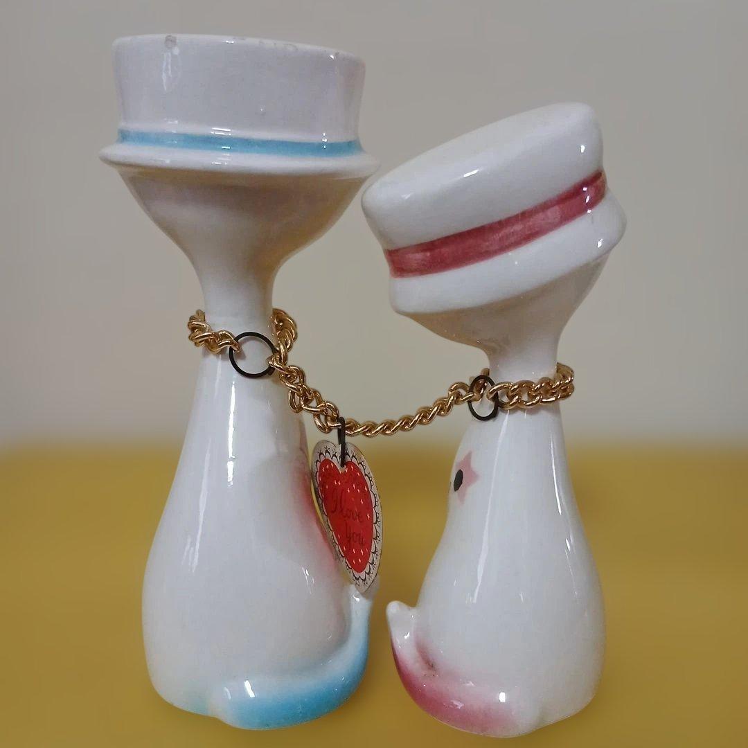 昭和レトロ　猫のカップル　陶器　置物