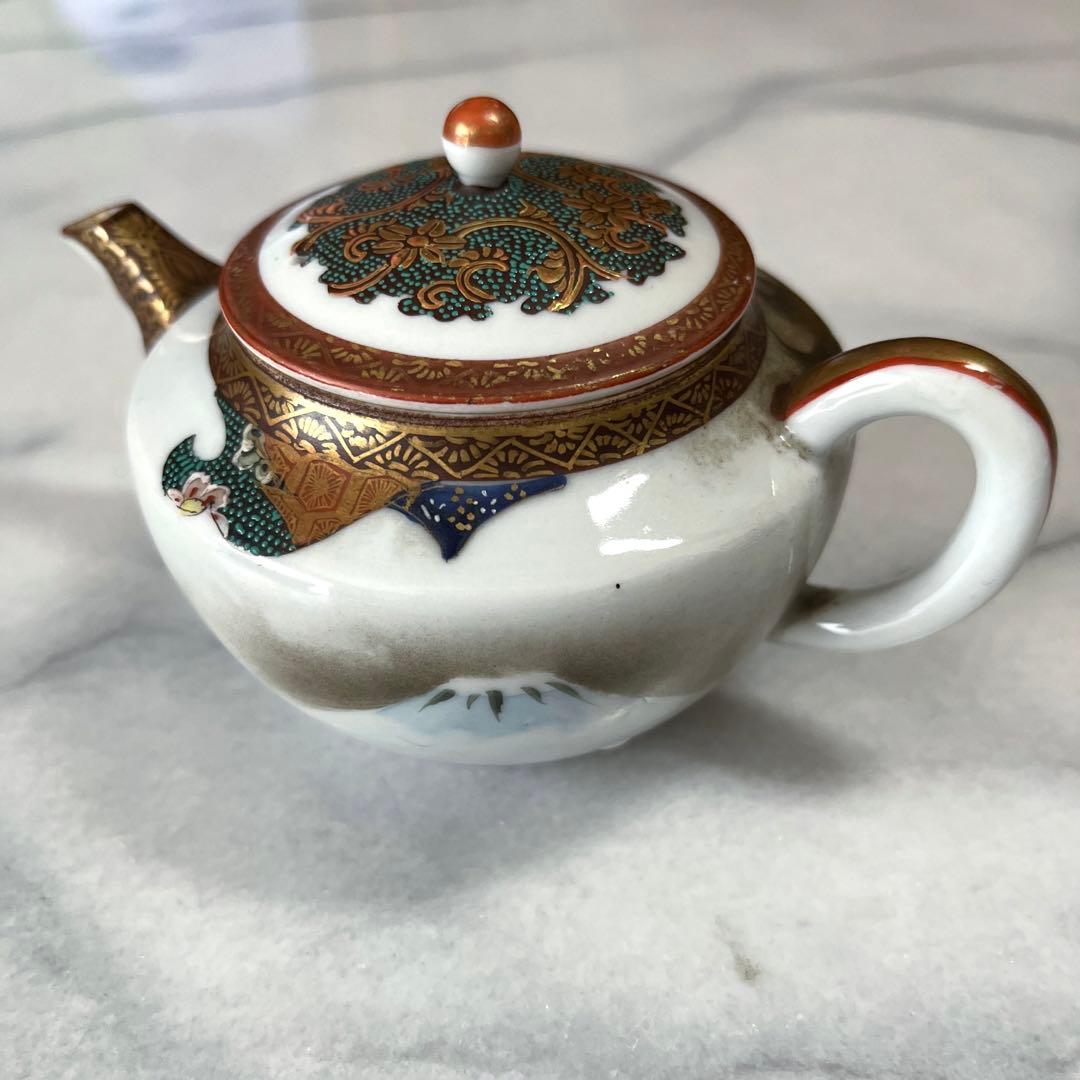 骨董／古美術品 九谷焼 青粒 玉峰画　富士 龍絵　茶器　急須