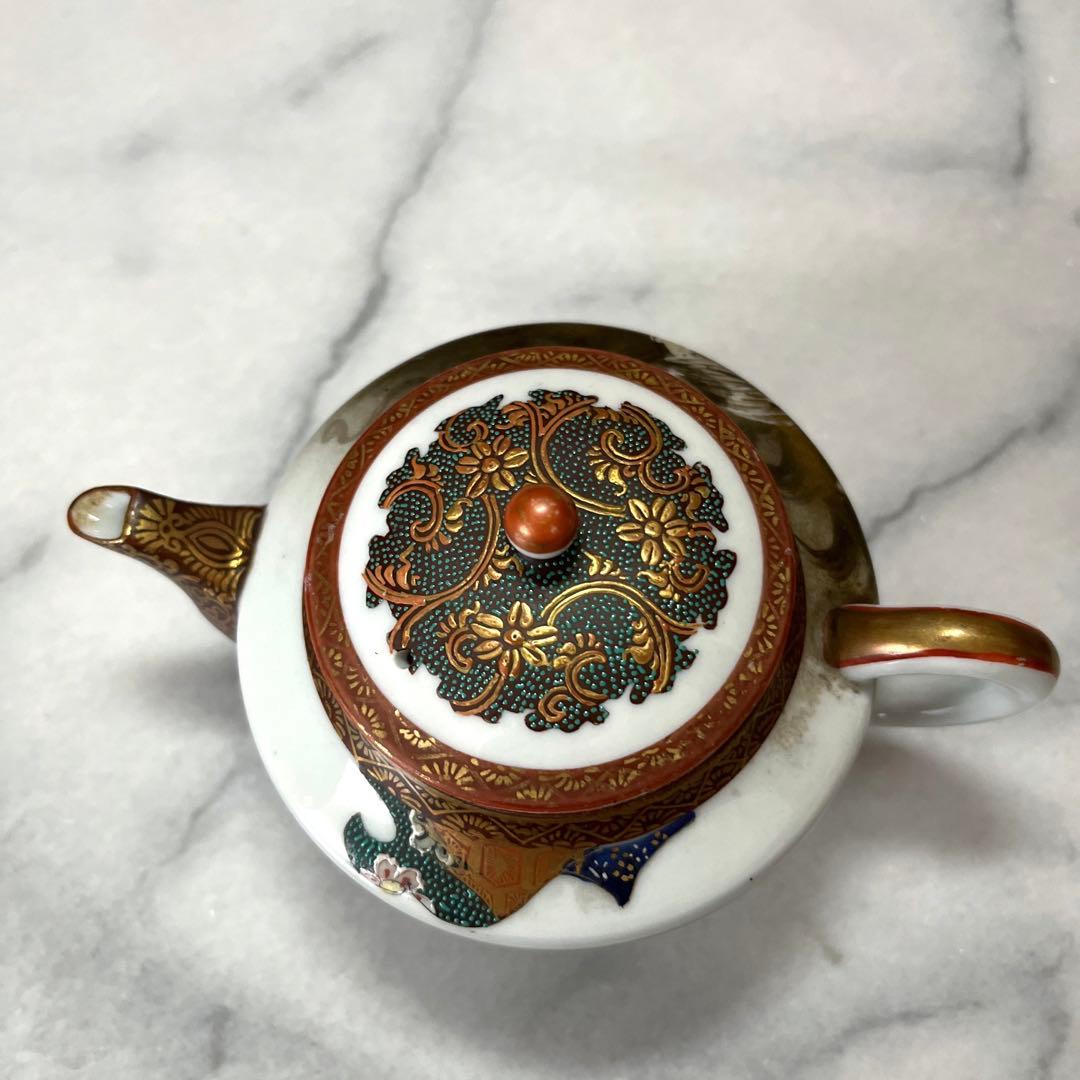 骨董／古美術品 九谷焼 青粒 玉峰画　富士 龍絵　茶器　急須