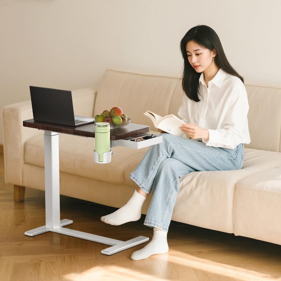 在宅勤務用 サイドテーブル 引き出し/カップホルダー付 気圧昇降ベッドテーブル