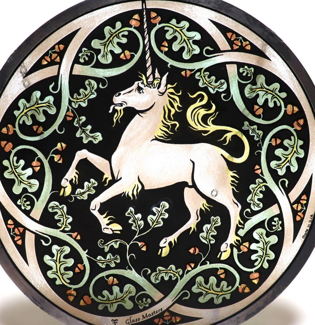 ユニコーンとオークの葉 ヴィンテージ ステンドグラス 創設者作 一角獣