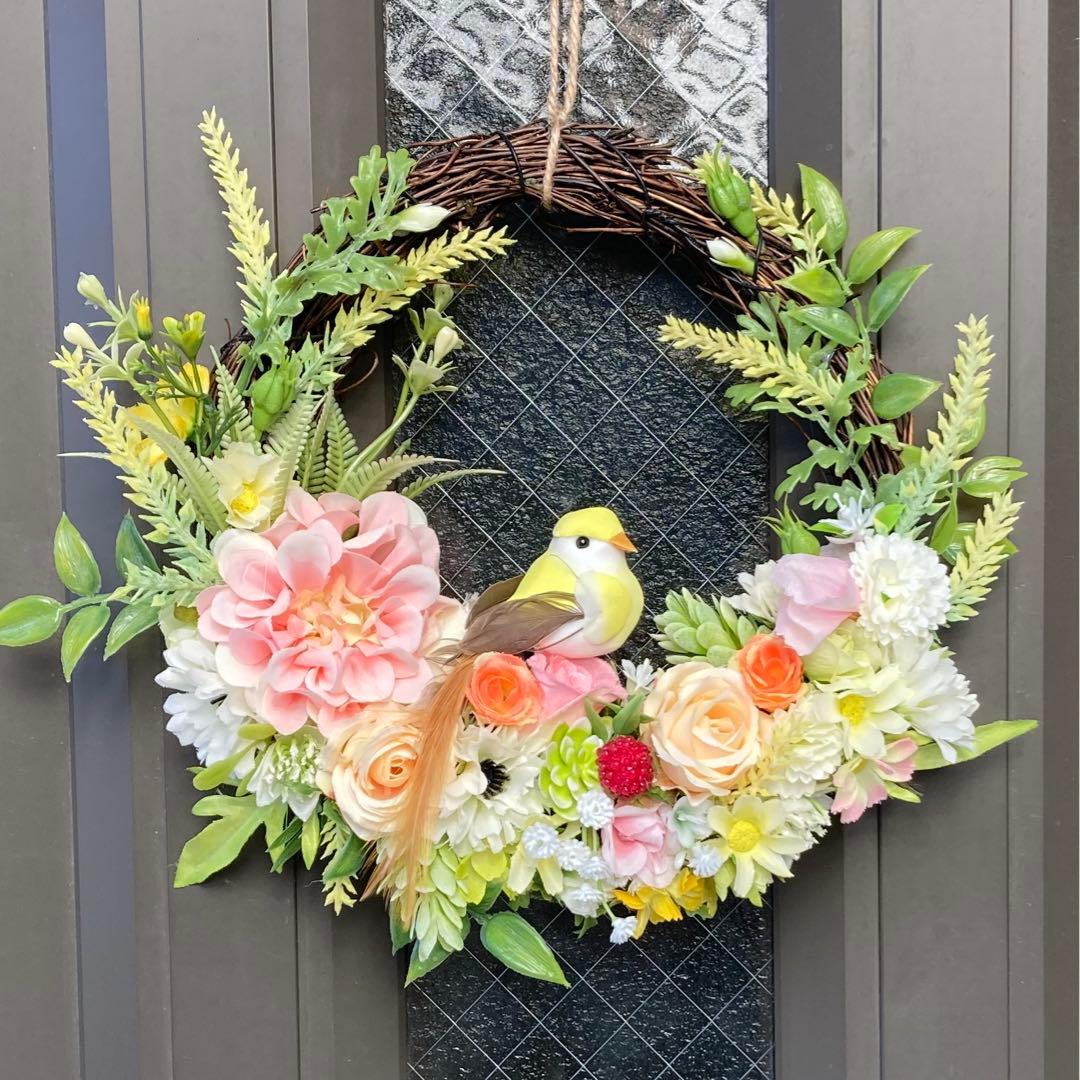 フラワーリース　春　パステルカラー　幸福の鳥　約25cm