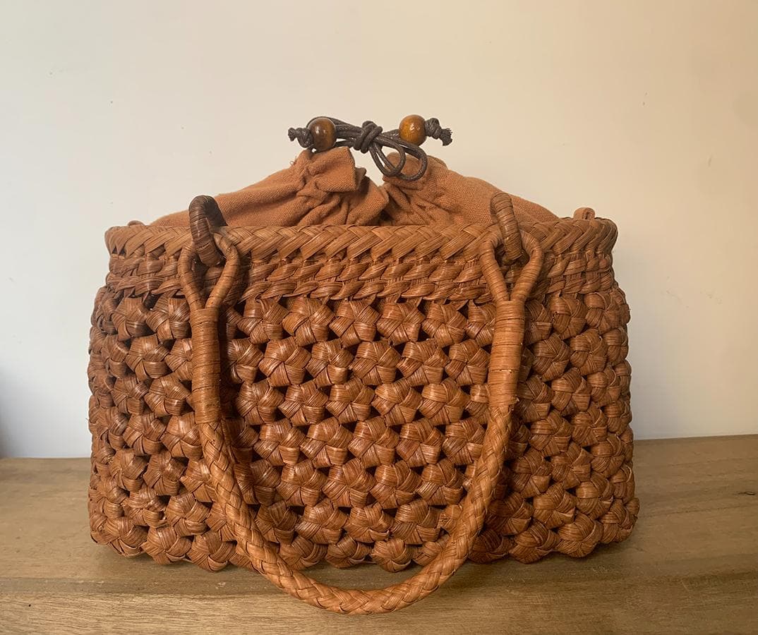 六角花結び編み 山葡萄 かごバッグ 職人手編み 手提げ 内布付き