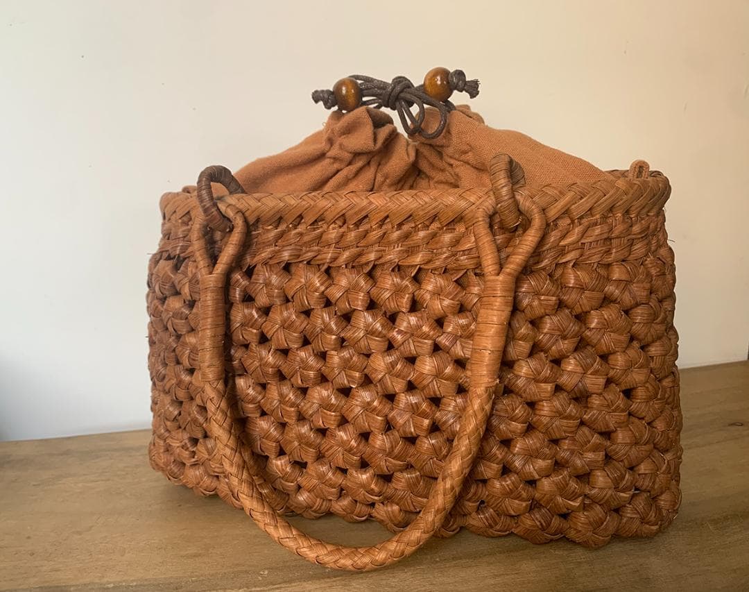 六角花結び編み 山葡萄 かごバッグ 職人手編み 手提げ 内布付き