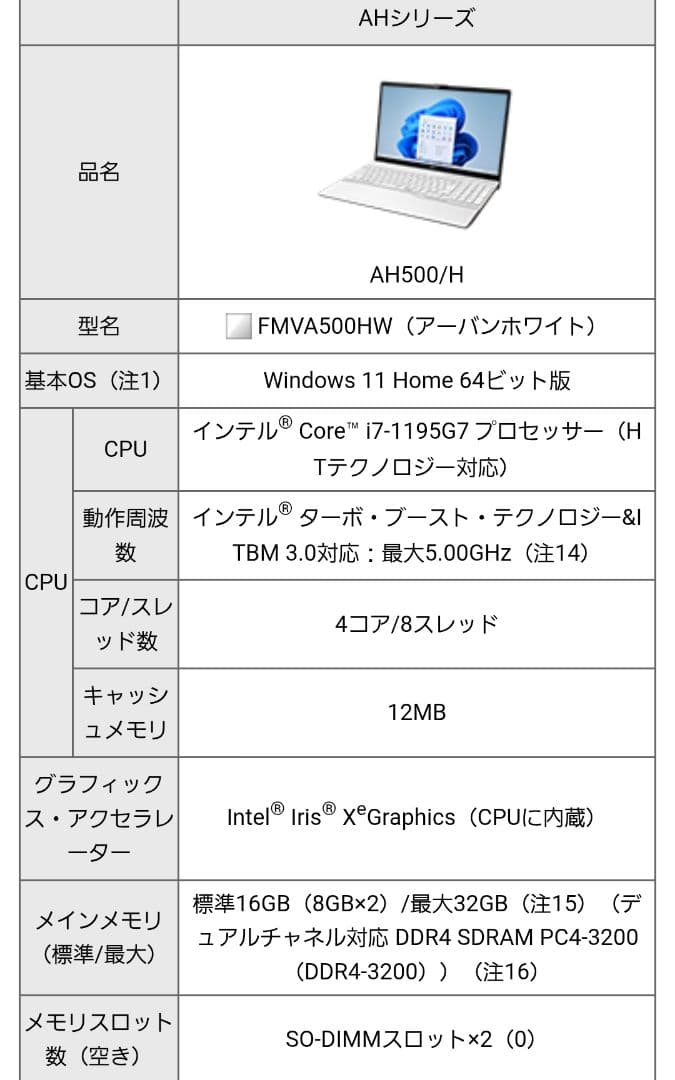 ほぼ未使用 ノートパソコン 富士通 FMV A500HW