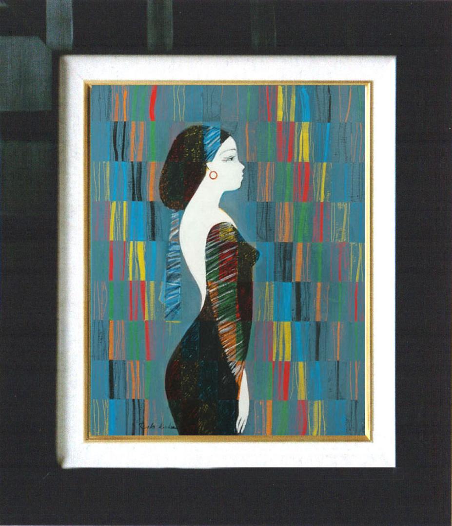 油絵 菅家令子 絵 絵画インテリア額付(青緑＋金色の枠)uF6-030214女性