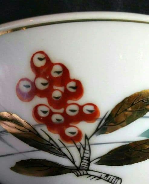 ♥希少５５年前有田焼⬛ヴィンテージ品⬛高級【光峰作】金銀彩・縁起物南天お茶碗3皿