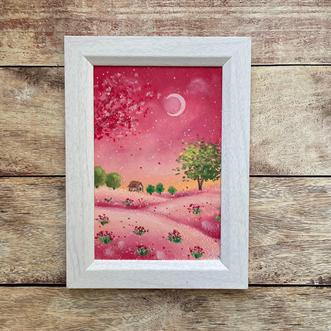 オイルパステル画　アクリル画　いちご色の風景No.5 ご予約品