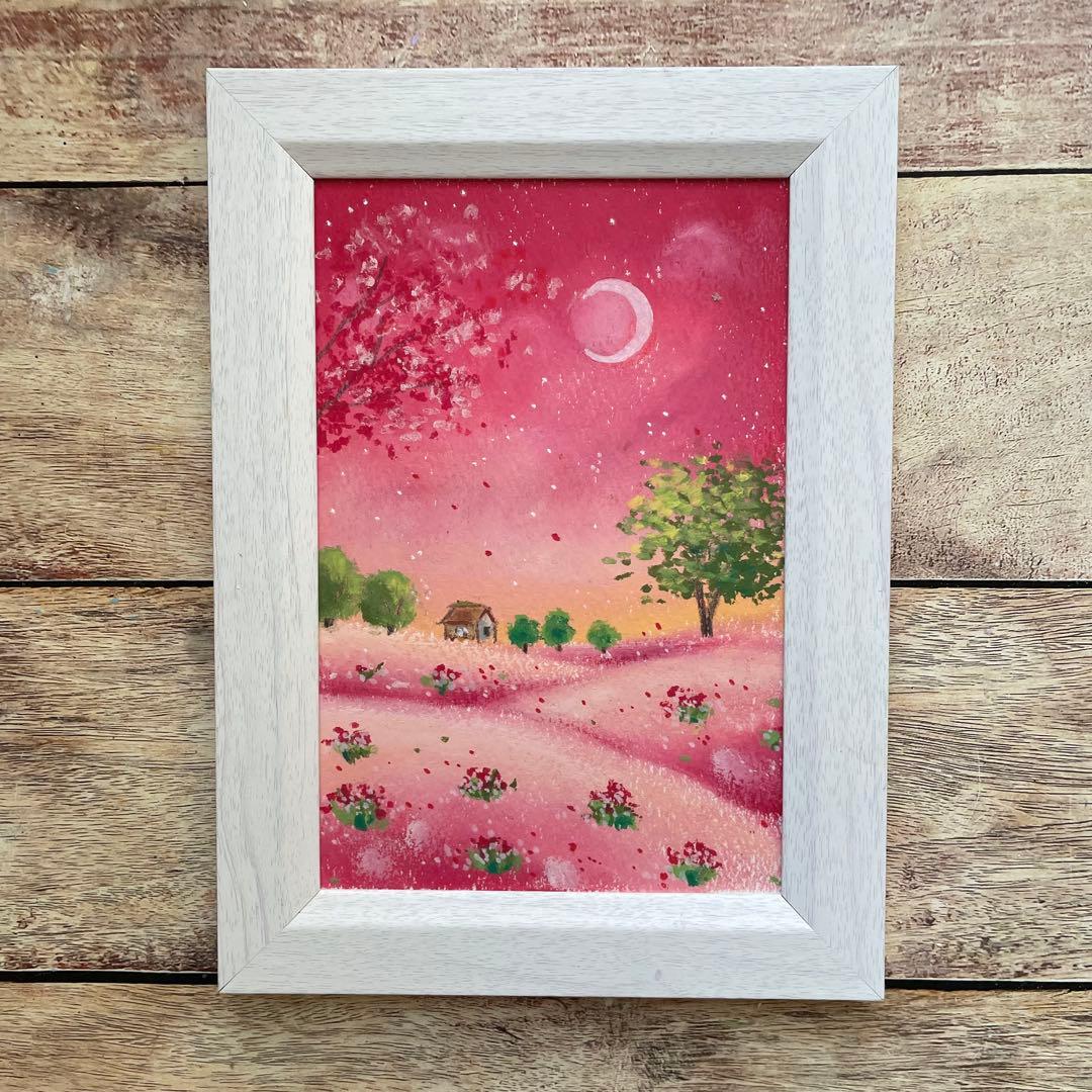 オイルパステル画　アクリル画　いちご色の風景No.5 ご予約品