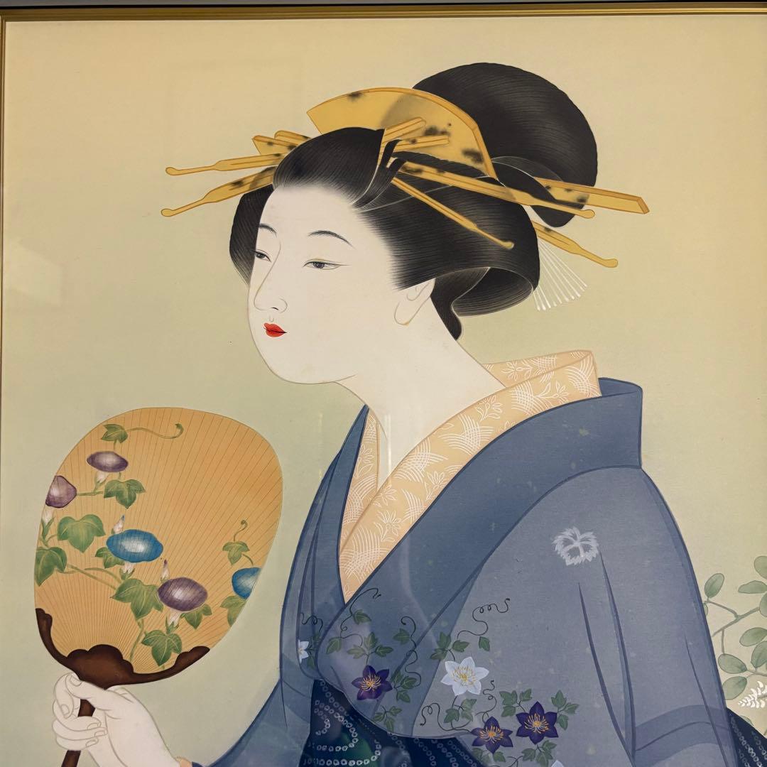 堀江浮水 額装 美人画 日本画 着物