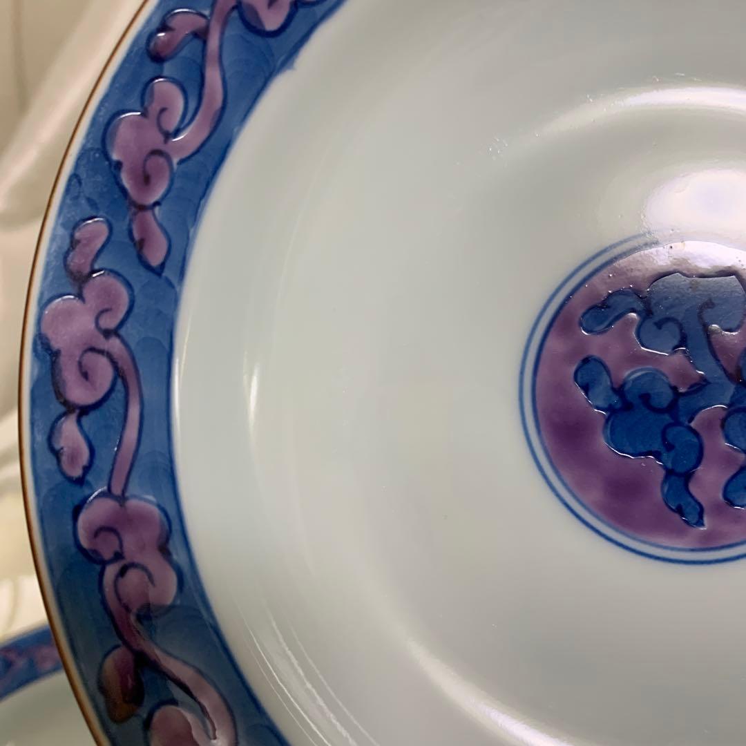 有田焼　　華山萬右衛門　　手描き絵　『染錦雲唐草皿』　桐箱入 メロン皿　取皿