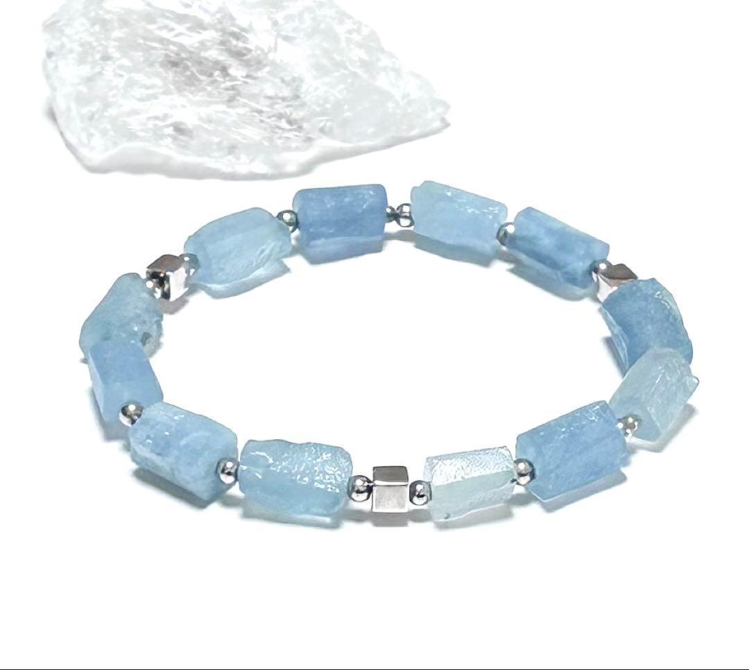 ⭐️天然石アクアマリン ラフロックチューブ & SV925キューブ ブレスレット