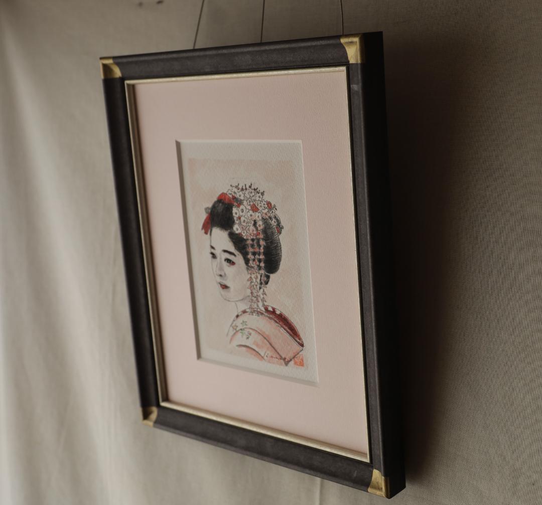 『揺れる花簪』　　　※京都の舞妓さん。　手描き1点物。（水彩防カビ保護ワニス済）