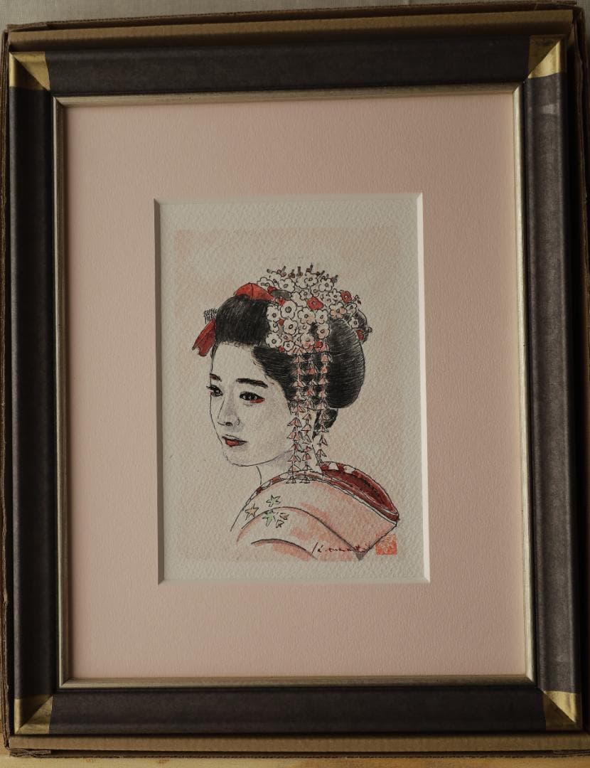 『揺れる花簪』　　　※京都の舞妓さん。　手描き1点物。（水彩防カビ保護ワニス済）