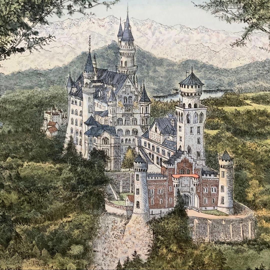 絵画・額縁・織田義郎・ノイシュバンシュタイン18・ドイツ・銅版画+手彩色・美術品