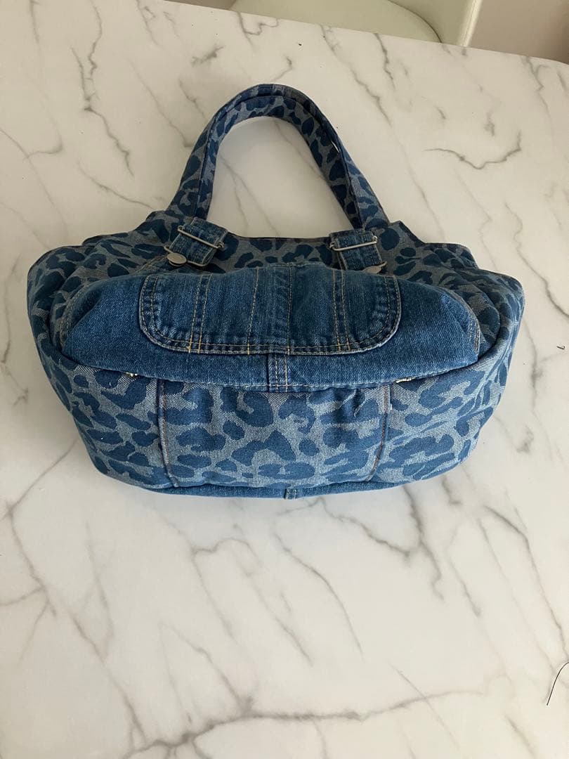 657大きめヒョウ柄デニムリメイクバック　ハンドメイド