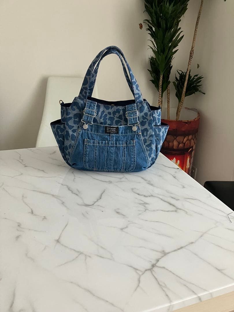 657大きめヒョウ柄デニムリメイクバック　ハンドメイド