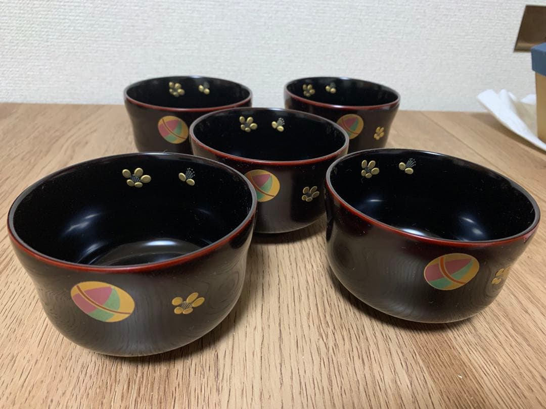 【3/3迄最終価格】越前漆　沈金蒔絵木製汁椀 5客　手毬宮内庁御用達　未使用品