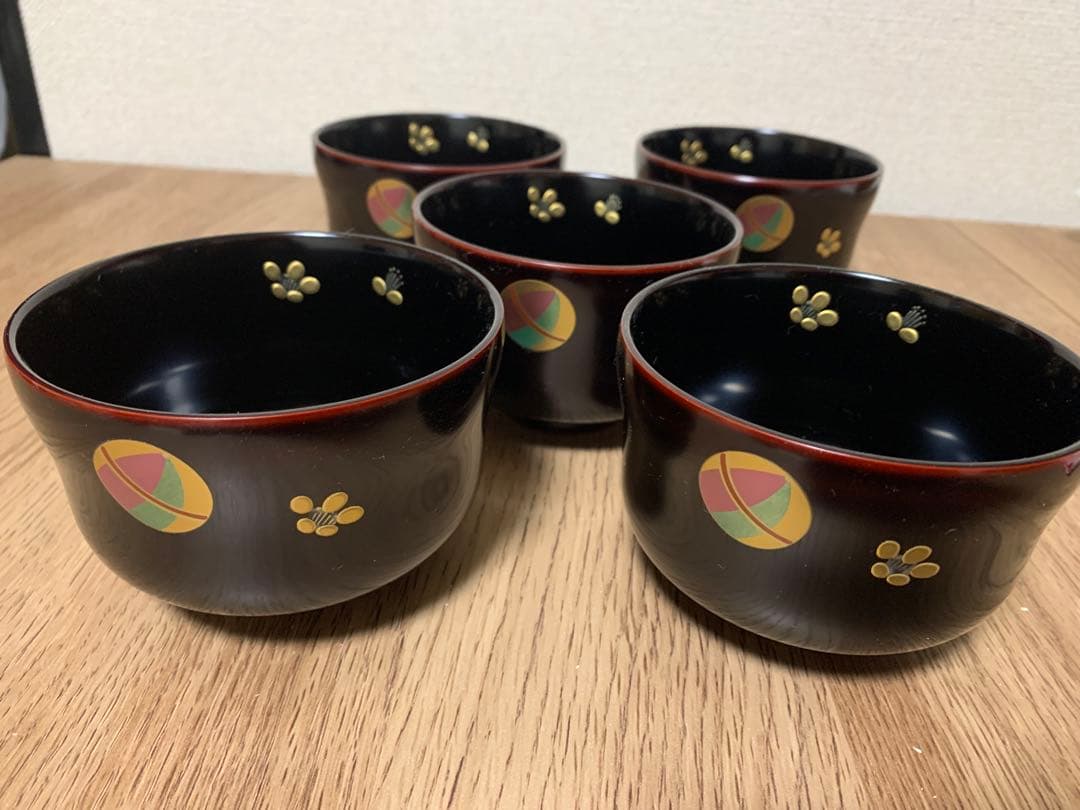 【3/3迄最終価格】越前漆　沈金蒔絵木製汁椀 5客　手毬宮内庁御用達　未使用品