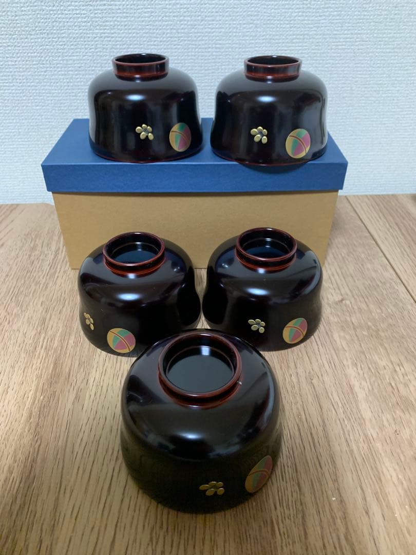 【3/3迄最終価格】越前漆　沈金蒔絵木製汁椀 5客　手毬宮内庁御用達　未使用品