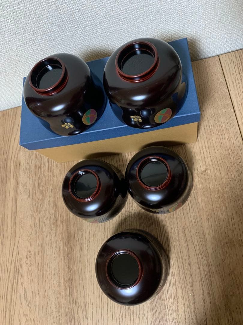 【3/3迄最終価格】越前漆　沈金蒔絵木製汁椀 5客　手毬宮内庁御用達　未使用品
