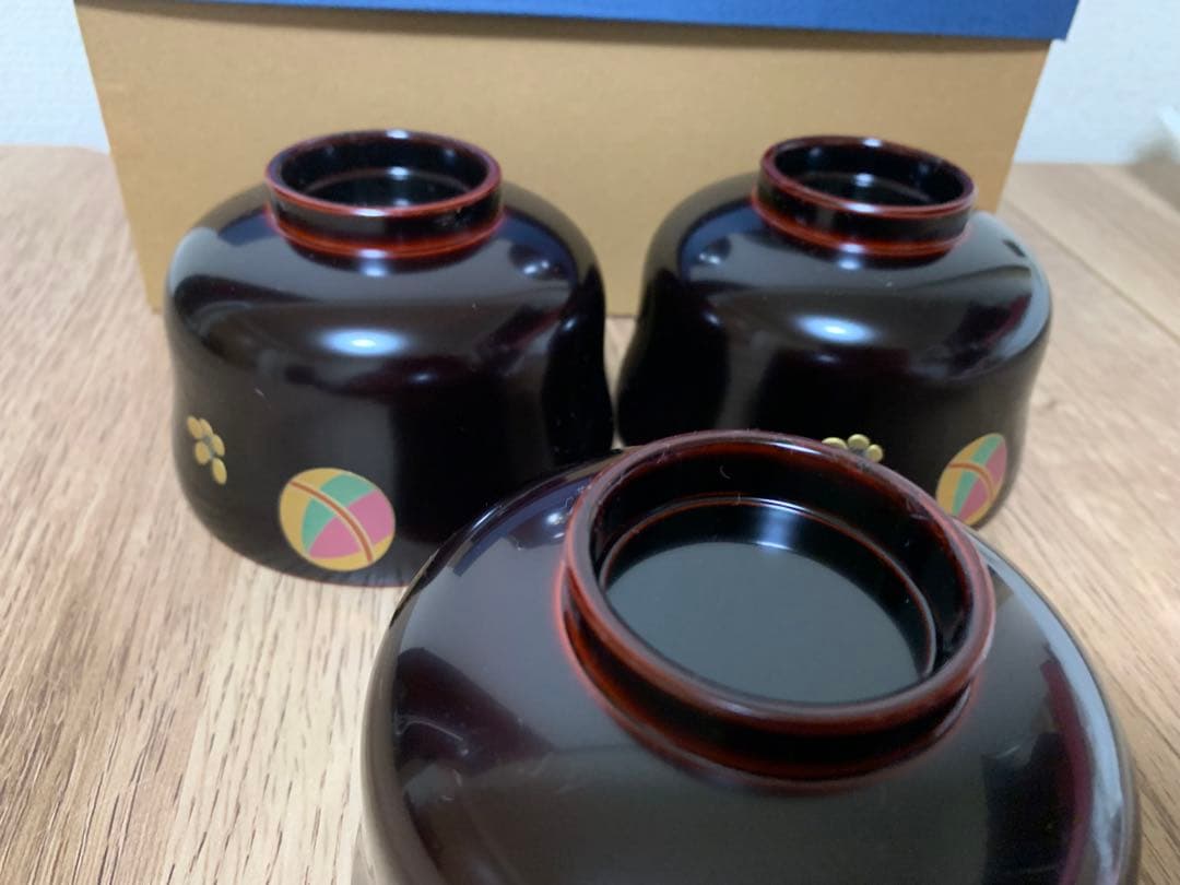 【3/3迄最終価格】越前漆　沈金蒔絵木製汁椀 5客　手毬宮内庁御用達　未使用品