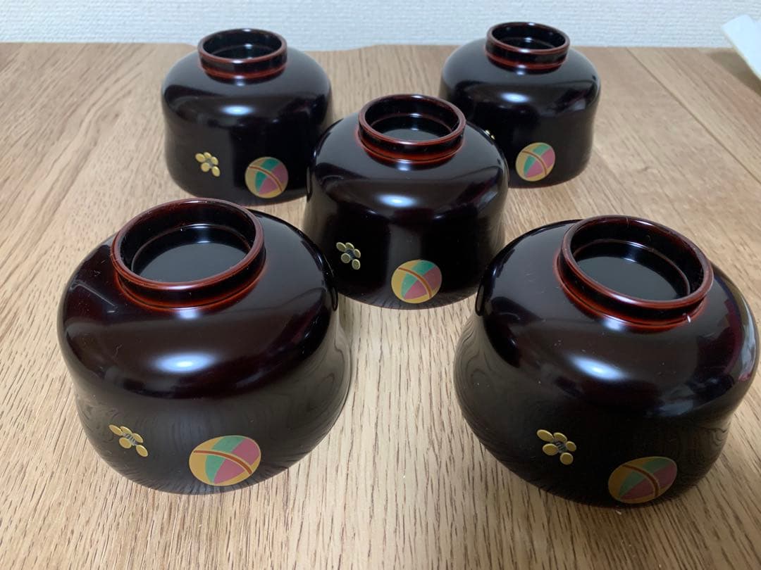 【3/3迄最終価格】越前漆　沈金蒔絵木製汁椀 5客　手毬宮内庁御用達　未使用品