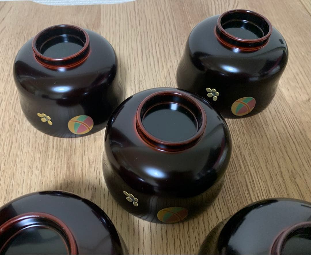 【3/3迄最終価格】越前漆　沈金蒔絵木製汁椀 5客　手毬宮内庁御用達　未使用品