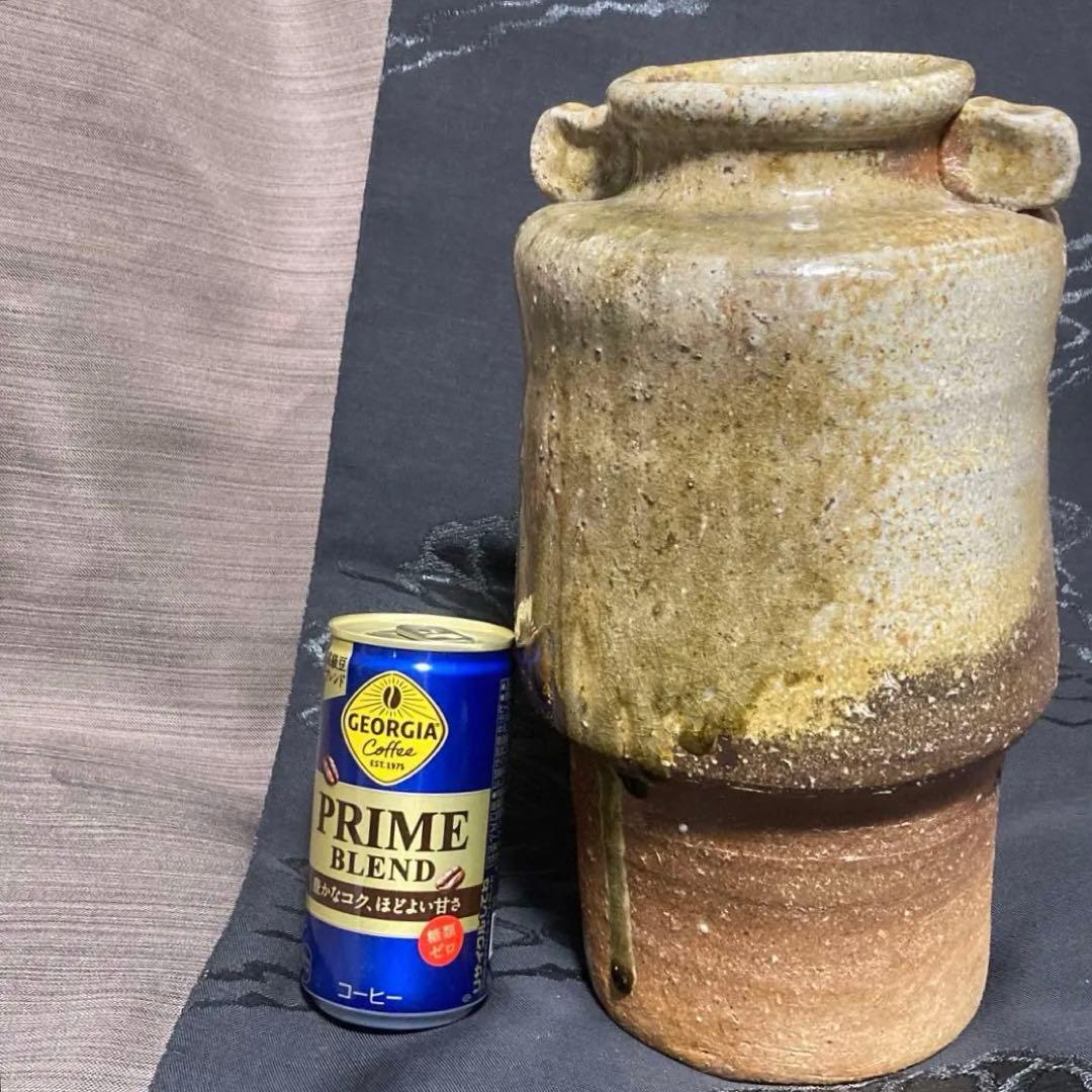 お値下げ↓古信楽 自然釉花入【茶道具】信楽焼 耳付 26㎝ 釉薬流し 花瓶 花器