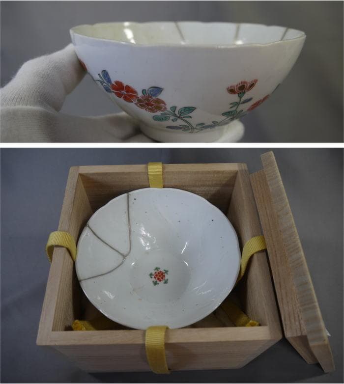 古伊万里　色絵　碗　鉢　柿右衛門手　撫子文　色絵五弁花見込　本錫補修