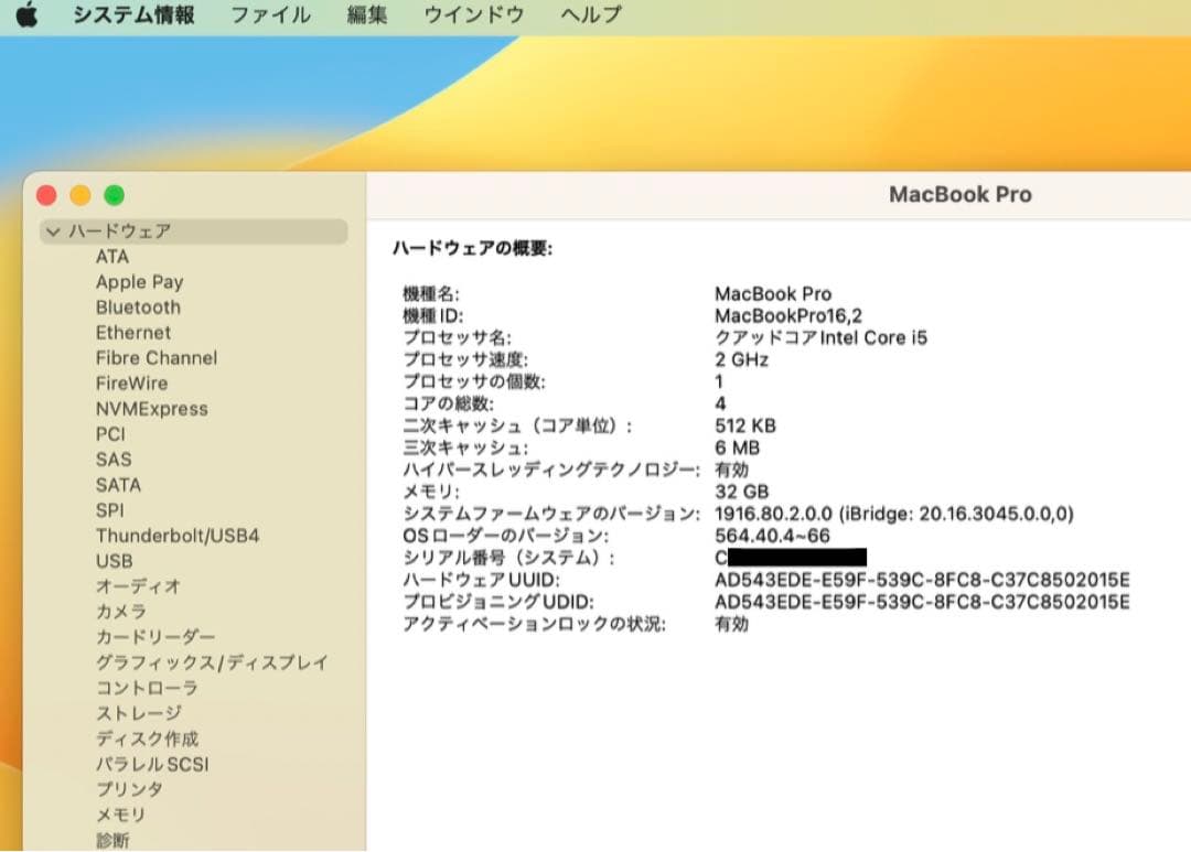 Macbook Pro 13インチ intel 32GBメモリ 2TBストレージ