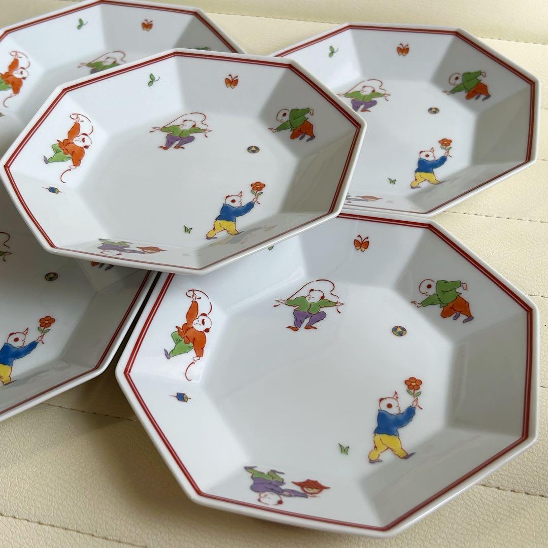 たち吉　色絵唐子　中華皿　八角皿揃　5枚セット　取り皿　銘々皿　赤絵　白磁　中皿