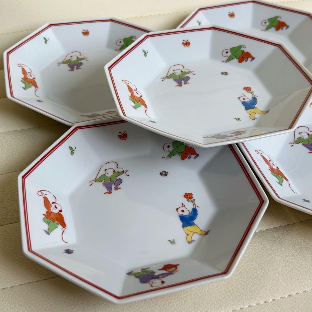 たち吉　色絵唐子　中華皿　八角皿揃　5枚セット　取り皿　銘々皿　赤絵　白磁　中皿