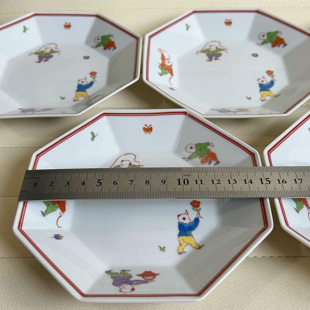たち吉　色絵唐子　中華皿　八角皿揃　5枚セット　取り皿　銘々皿　赤絵　白磁　中皿