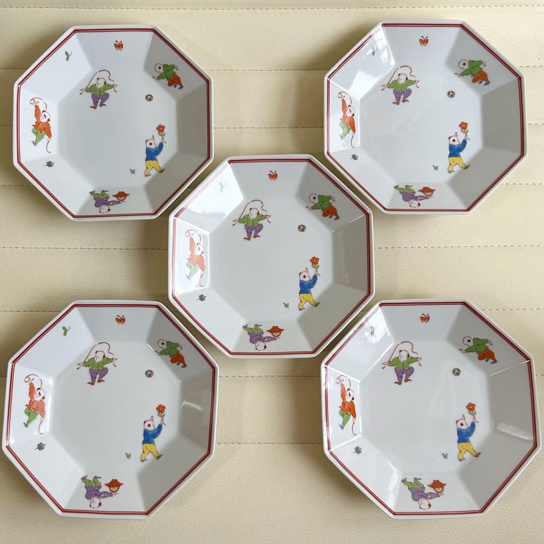 たち吉　色絵唐子　中華皿　八角皿揃　5枚セット　取り皿　銘々皿　赤絵　白磁　中皿