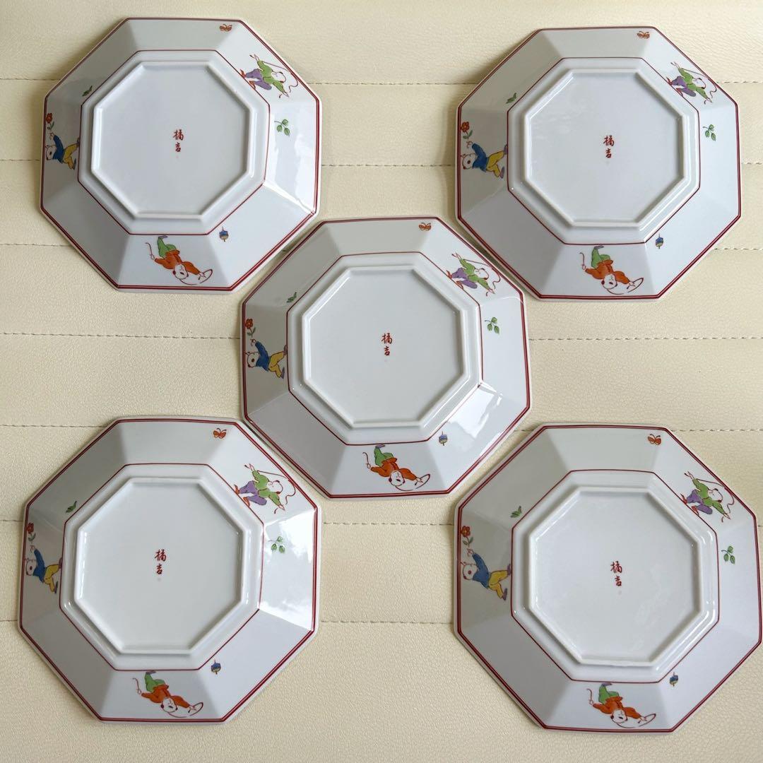 たち吉　色絵唐子　中華皿　八角皿揃　5枚セット　取り皿　銘々皿　赤絵　白磁　中皿