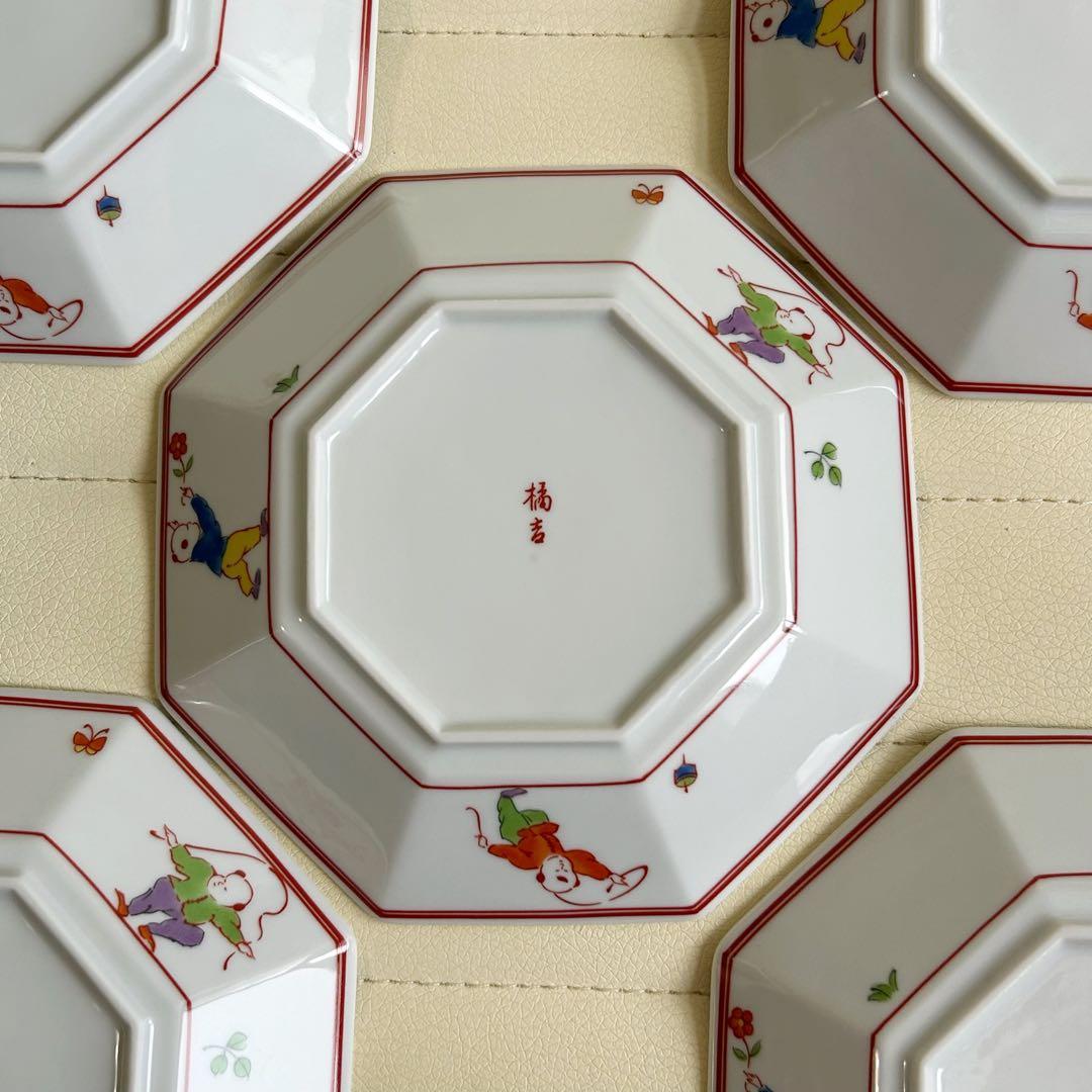 たち吉　色絵唐子　中華皿　八角皿揃　5枚セット　取り皿　銘々皿　赤絵　白磁　中皿