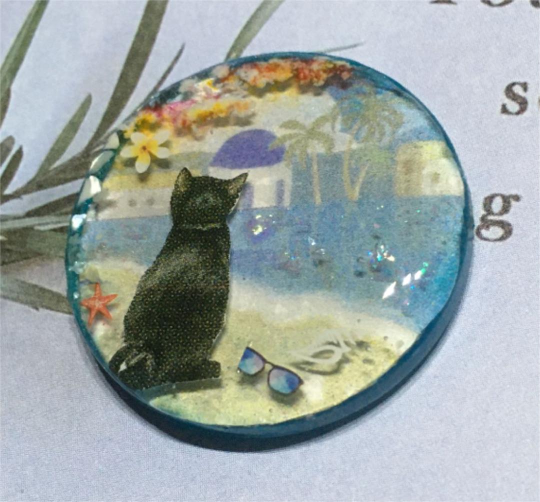 レジンヘアゴム、たそがれ海辺猫ちゃん