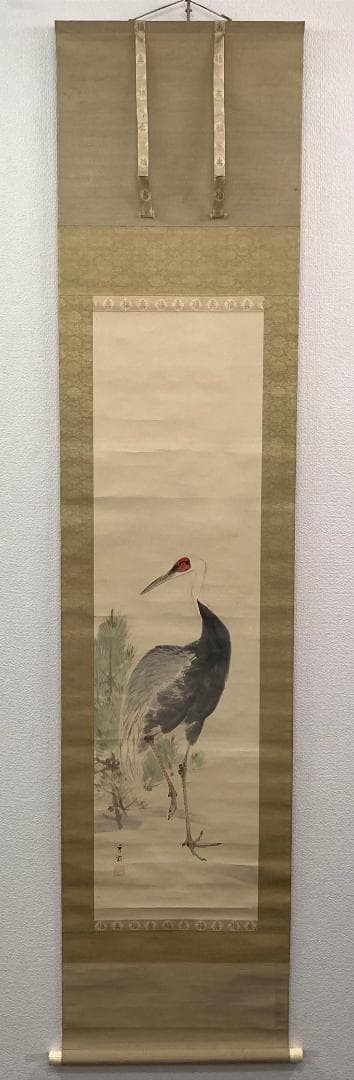 池上秀畝／荒木寛畝の内弟子「稚松玄鶴」掛軸 紙本 共箱 二重箱