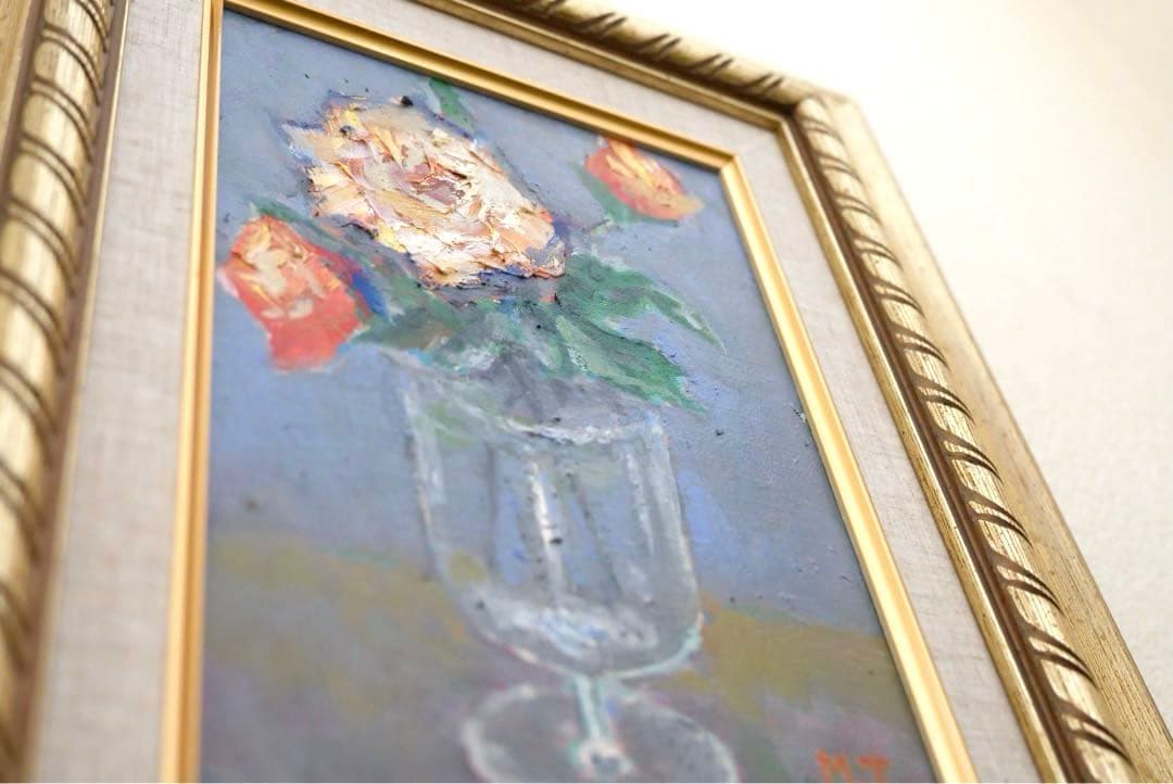 一点物 肉筆 油絵 薔薇 豪華額縁付き 真筆 アンティーク インテリア 風水