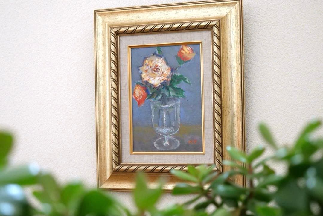 一点物 肉筆 油絵 薔薇 豪華額縁付き 真筆 アンティーク インテリア 風水