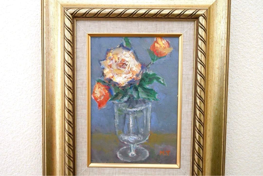 一点物 肉筆 油絵 薔薇 豪華額縁付き 真筆 アンティーク インテリア 風水